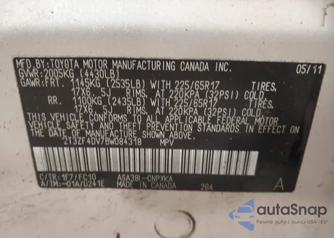 2011 Toyota Rav4 z USA, uszkodzony, nr VIN 2T3ZF4DV7BW084318